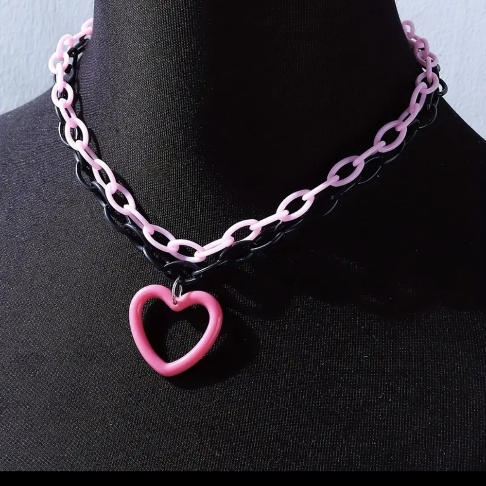 Playful Pink and Black Heart Necklace with Glossy Finish - Picture 2 of 5